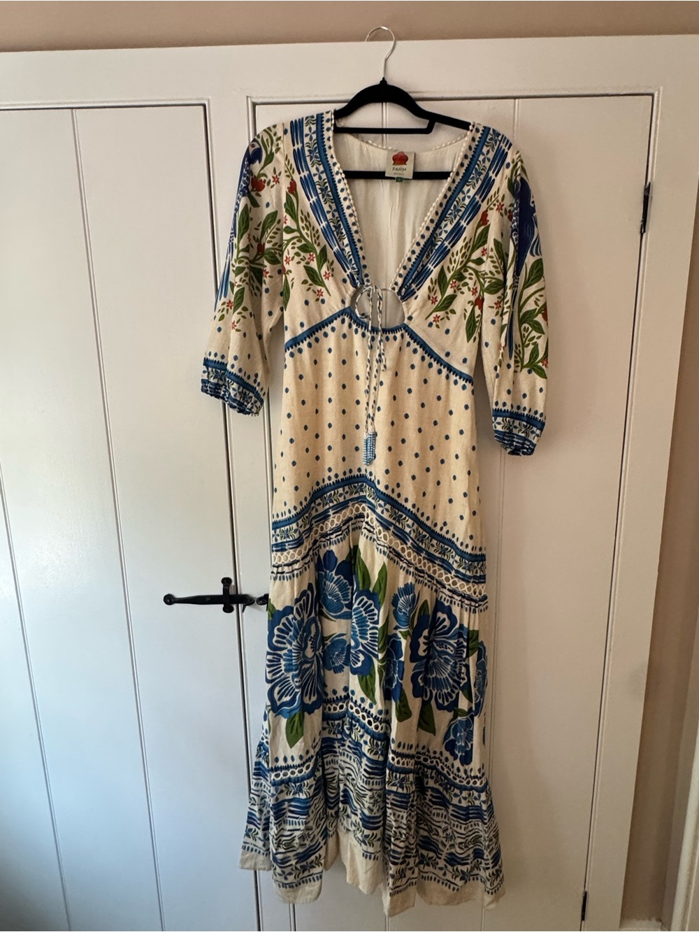 FARM Rio Cream Maxi Dress with Blue Floral Print